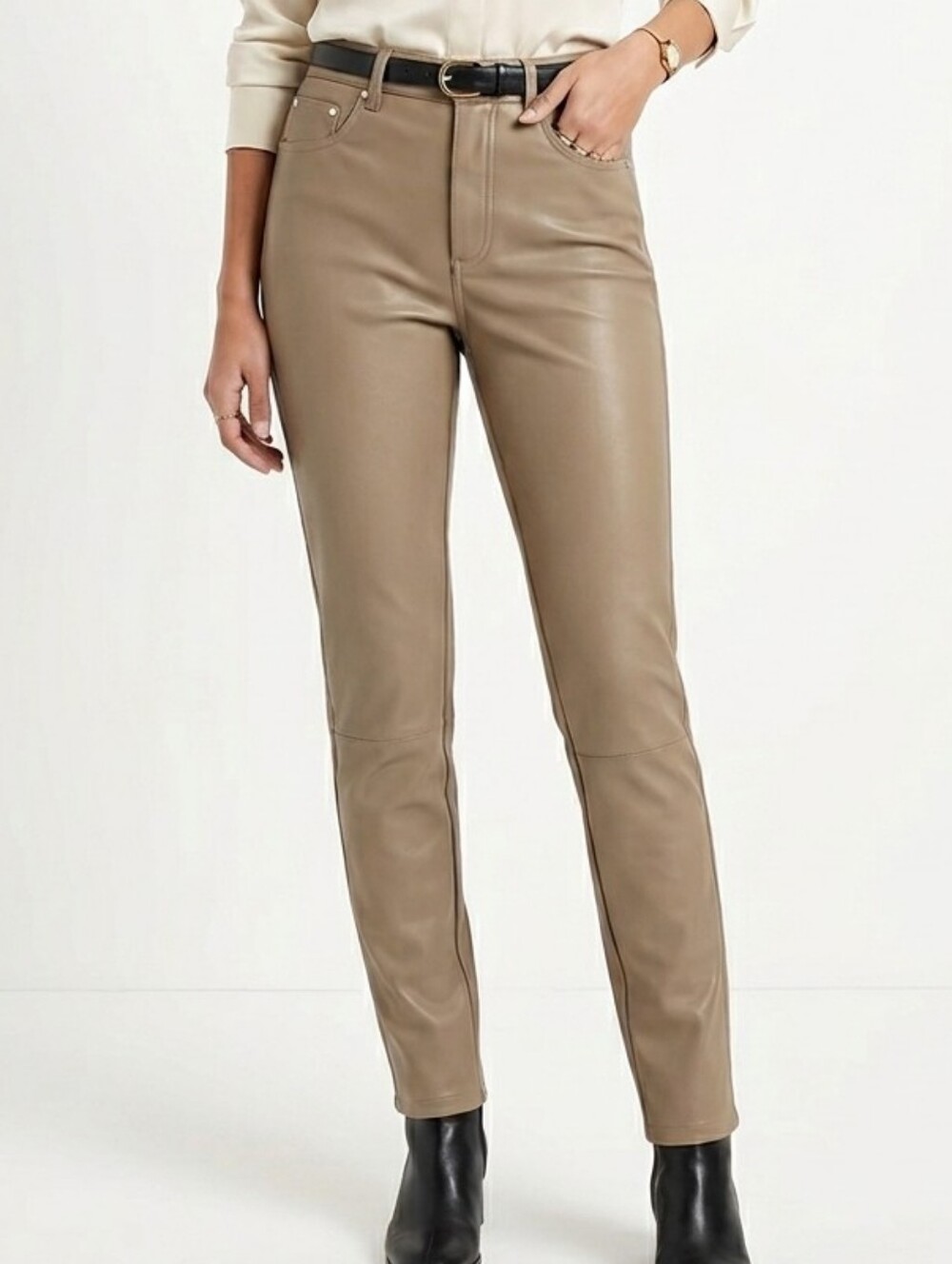 Slim Fit Faux Leather Jeans in Tan Medium